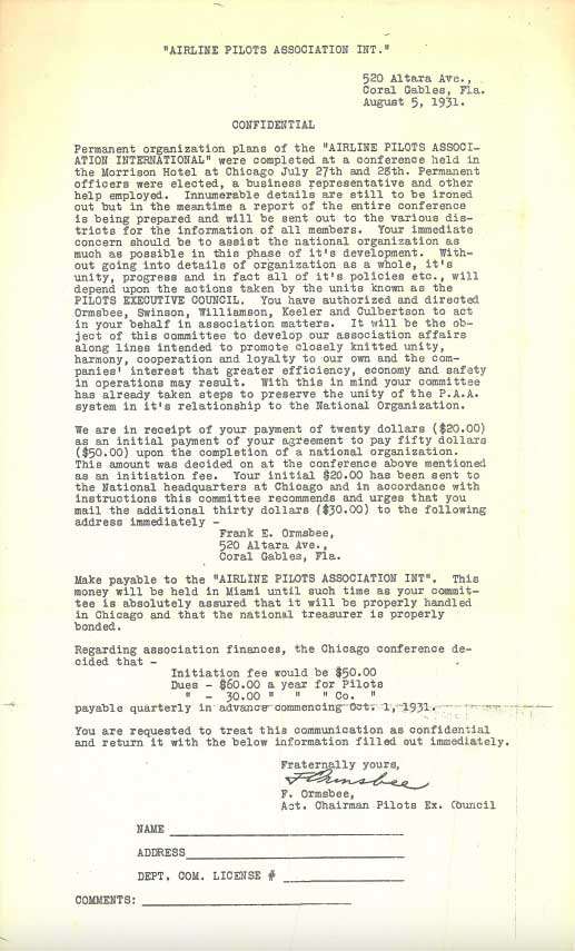 Ormsbee Memo to Alpa August 1931